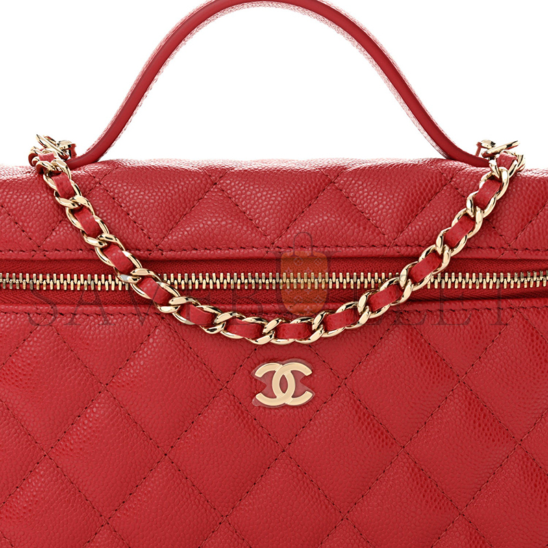CHANEL CAVIAR QUILTED TOP HANDLE SLIM VANITY WITH CHAIN RED (19*11*5cm) 